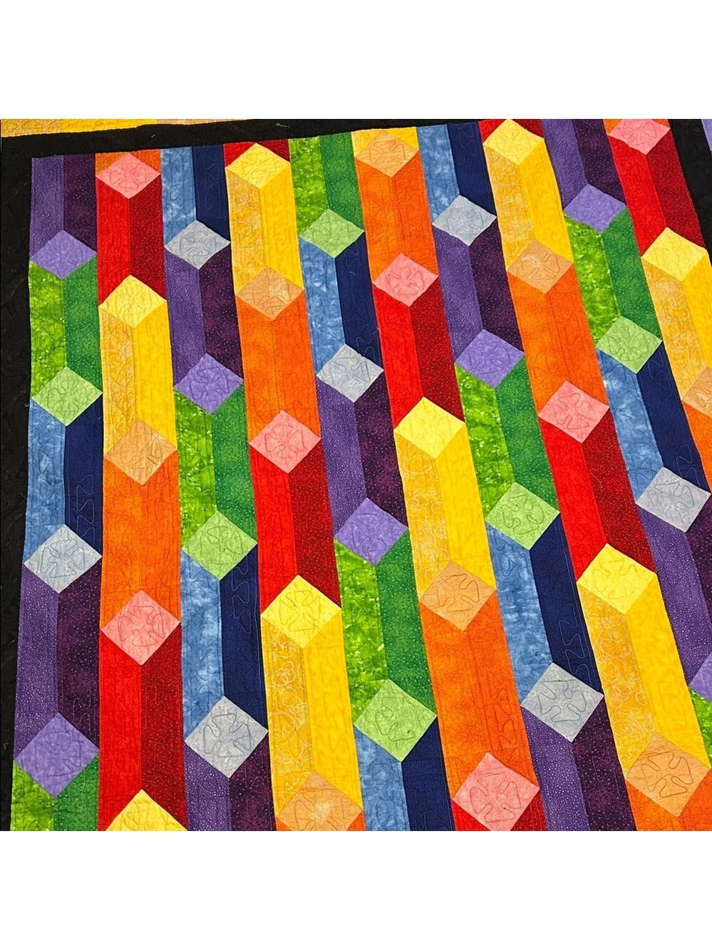 Vintage color block handmade quilt. 80”x73” rainbow colors, green backing.